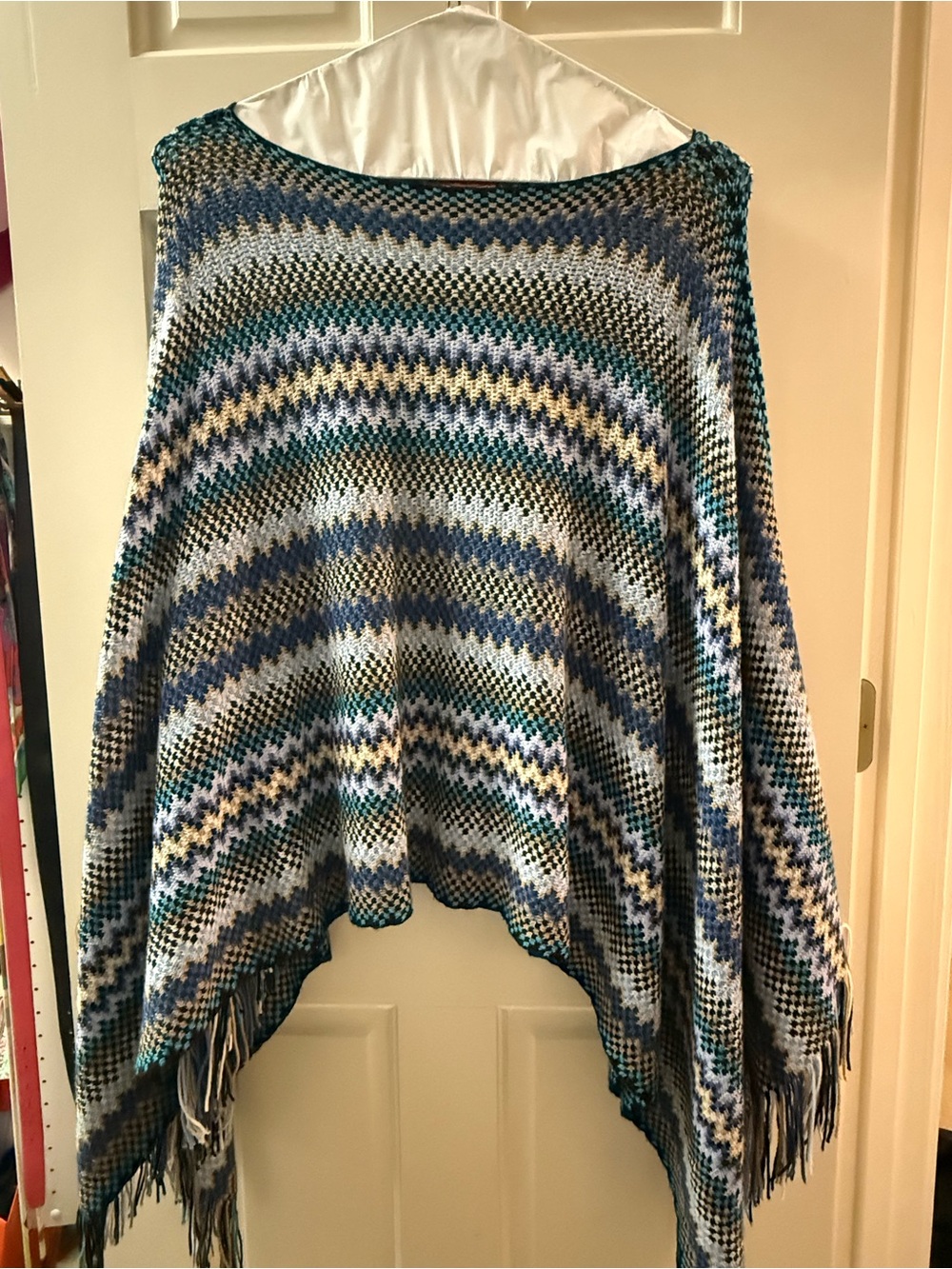 Missoni Striped Knit Fringe Wrap in Blue, Cream, Gray and Green